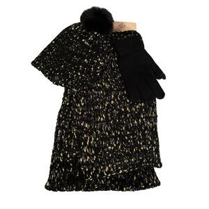 Nannette Lepore Black and Gold 3 Piece Scarf Set:   Hat, Gloves, Scarf. New